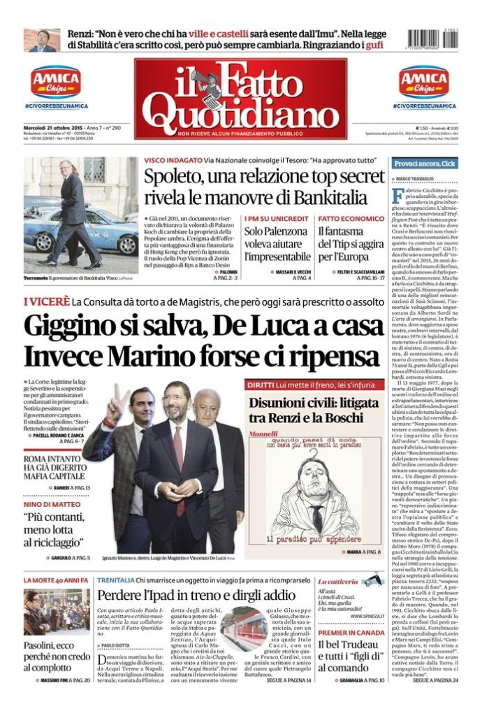 Copertina di mercoledì 21 ottobre 2015