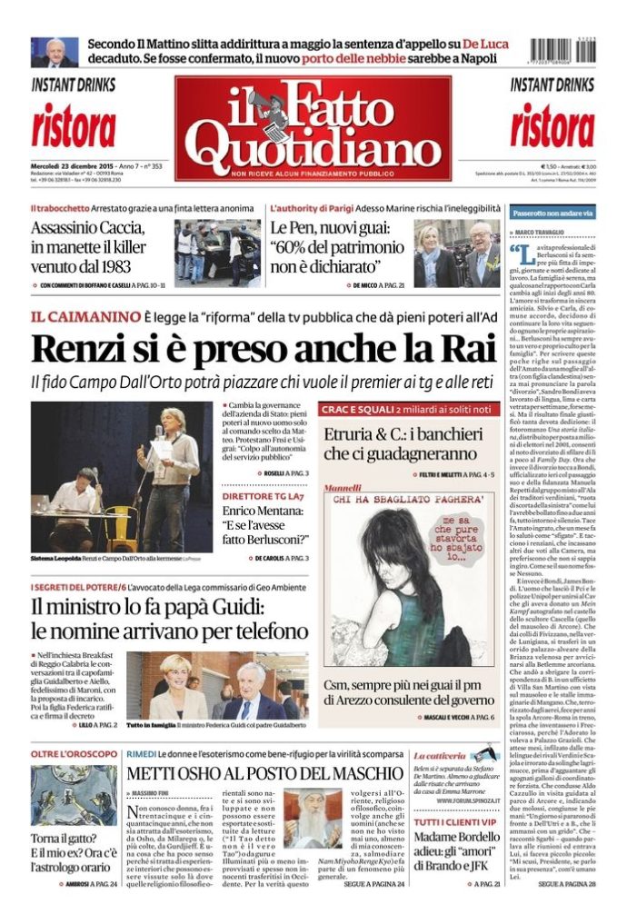 Copertina di mercoledì 23 dicembre 2015