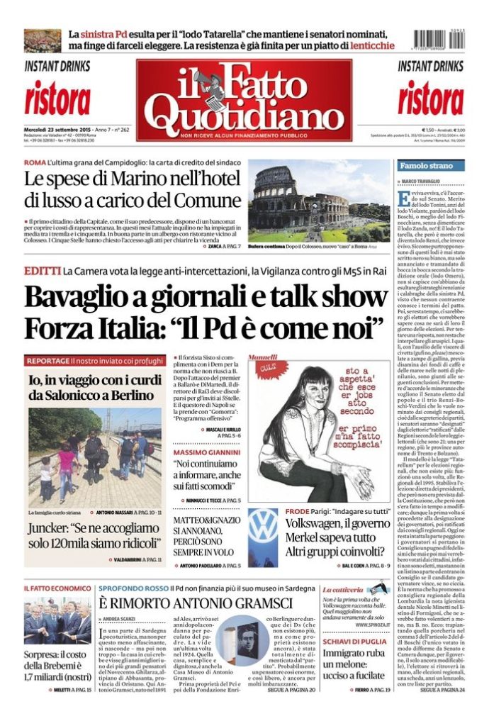 Copertina di mercoledì 23 settembre 2015