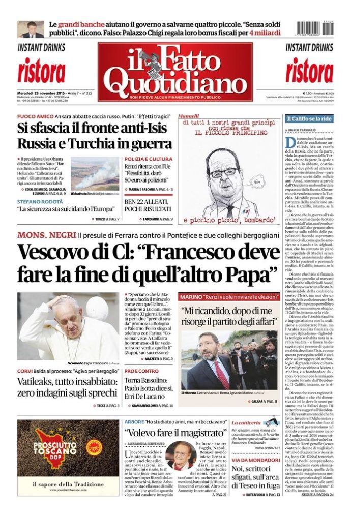 Copertina di mercoledì 25 novembre 2015