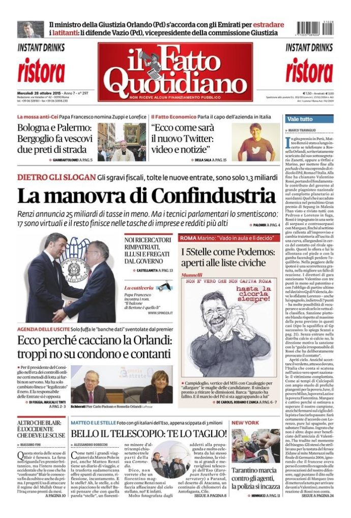 Copertina di mercoledì 28 ottobre 2015