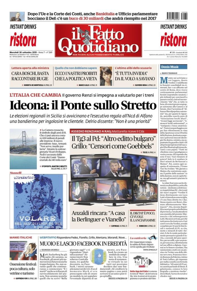 Copertina di mercoledì 30 settembre 2015