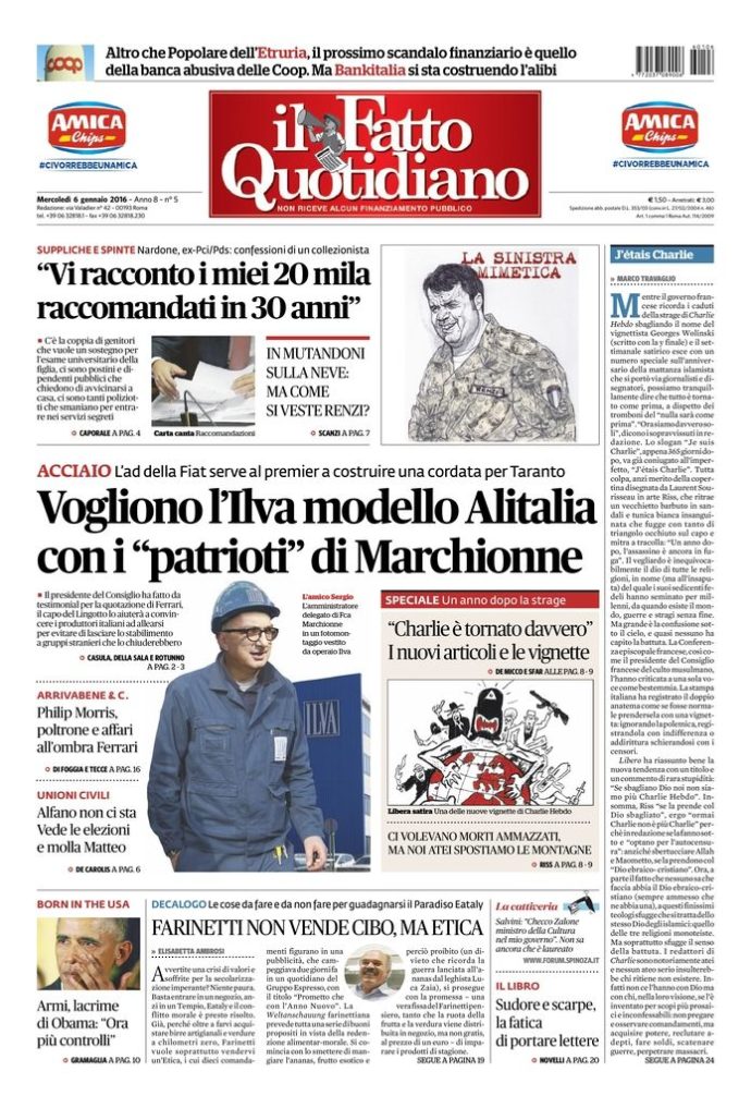 Copertina di mercoledì 6 gennaio 2016