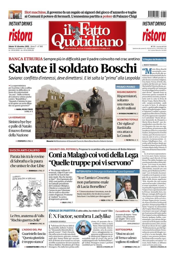 Copertina di sabato 12 dicembre 2015