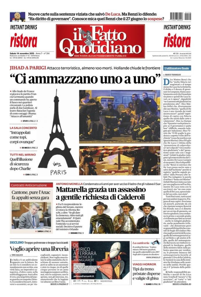 Copertina di sabato 14 novembre 2015