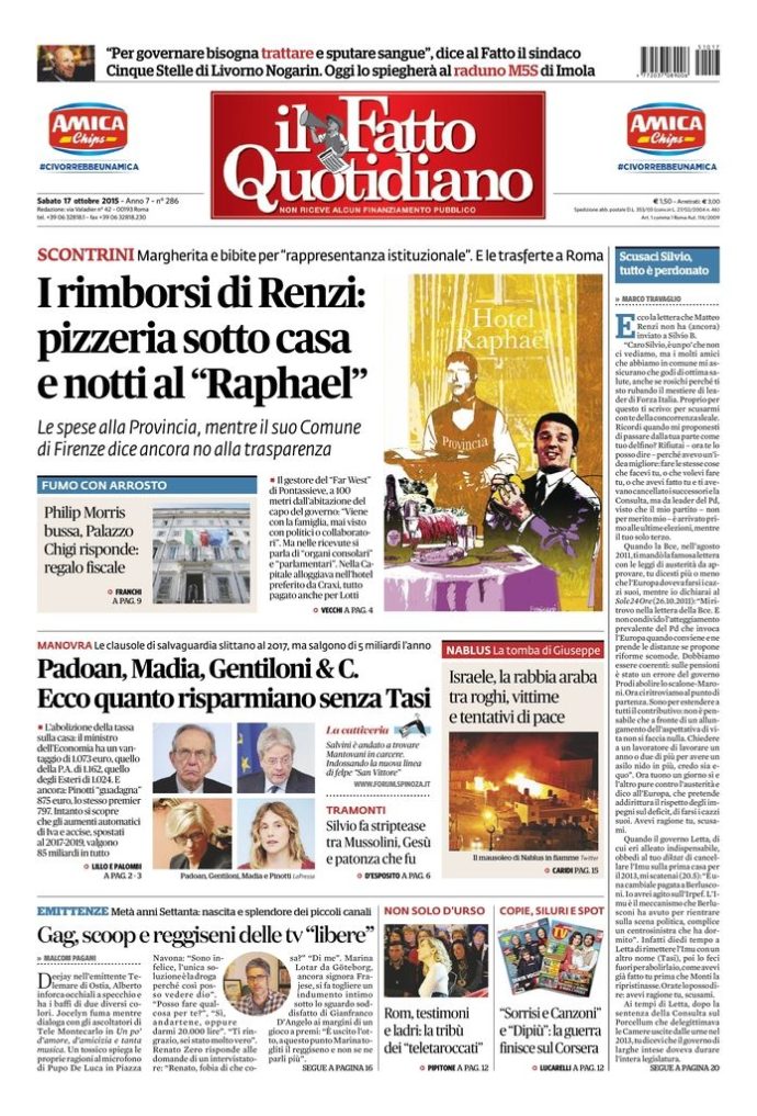 Copertina di sabato 17 ottobre 2015