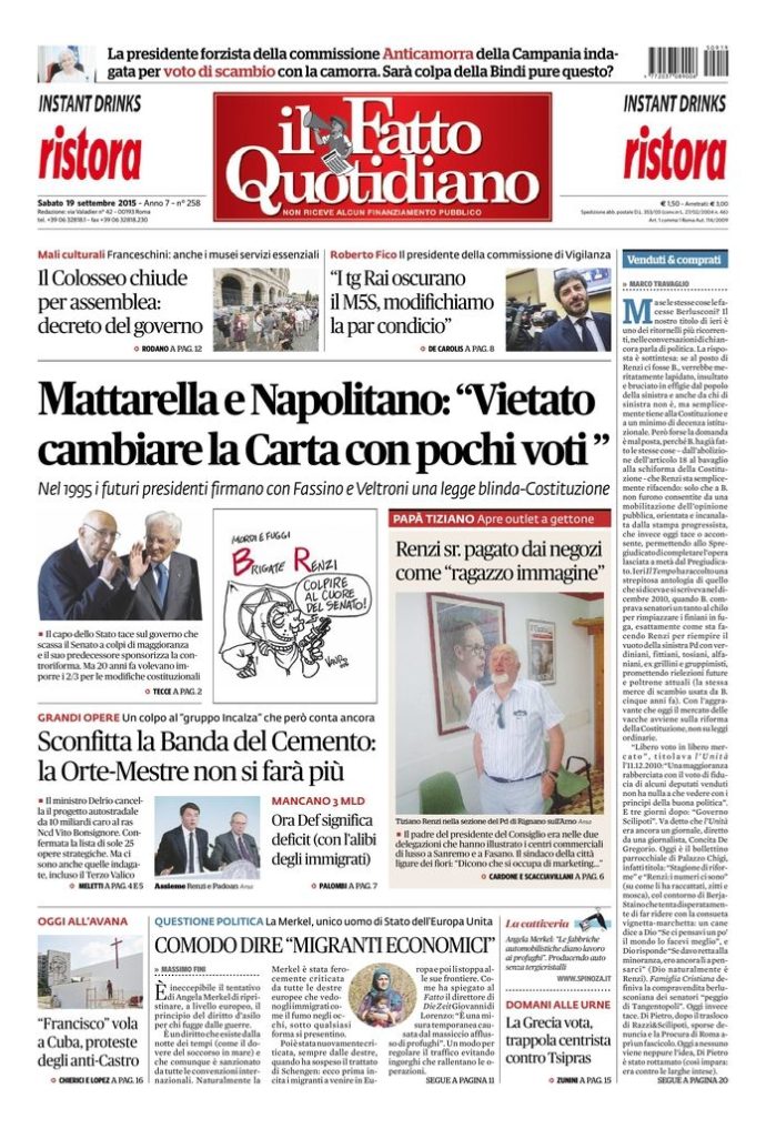 Copertina di sabato 19 settembre 2015