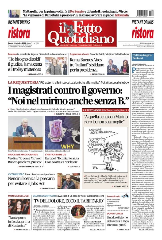 Copertina di sabato 24 ottobre 2015