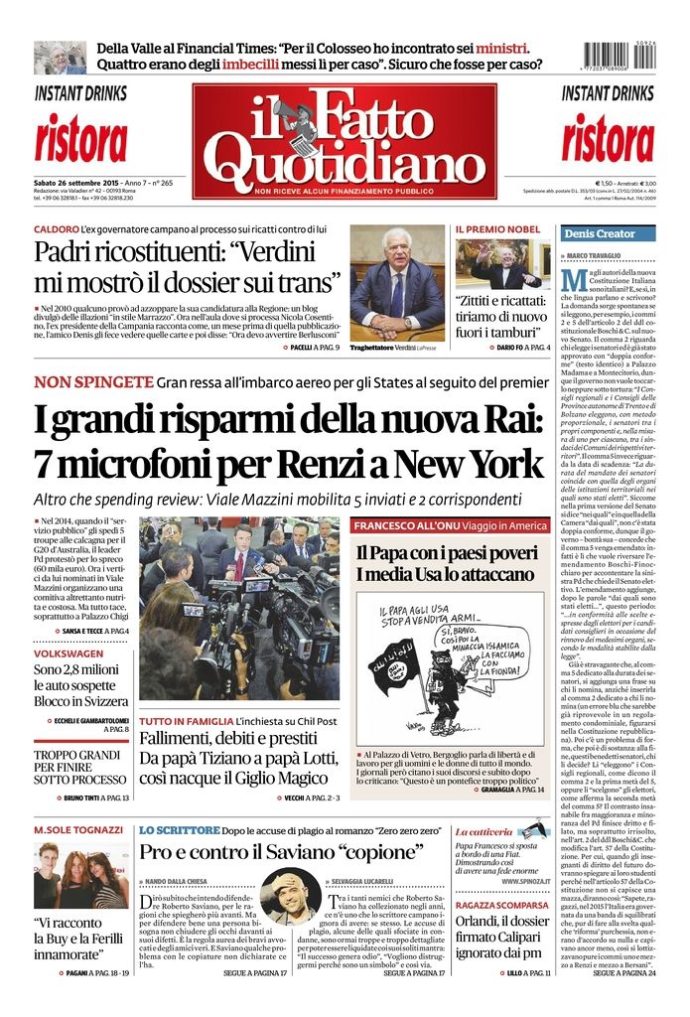 Copertina di sabato 26 settembre 2015