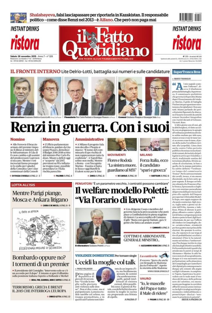 Copertina di sabato 28 novembre 2015