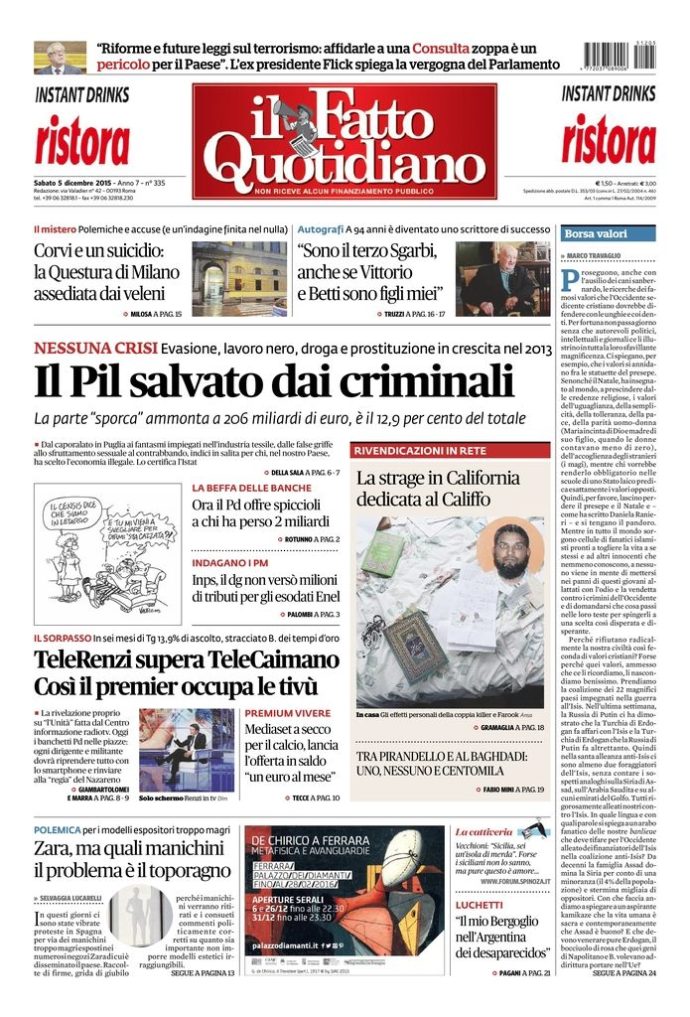 Copertina di sabato 5 dicembre 2015