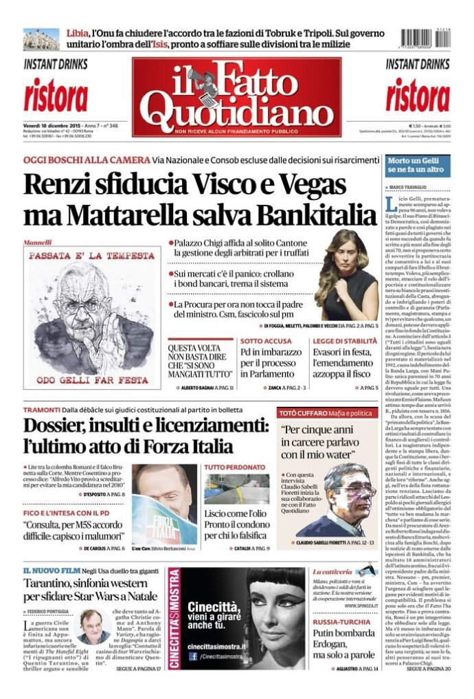 Copertina di venerdì 18 dicembre 2015