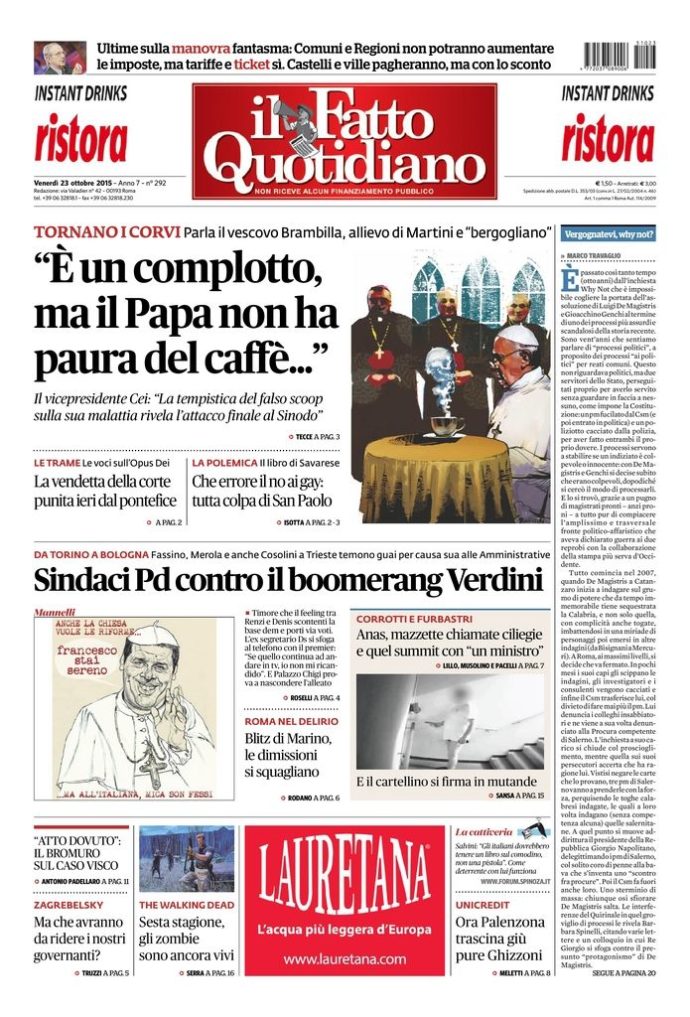 Copertina di venerdì 23 ottobre 2015