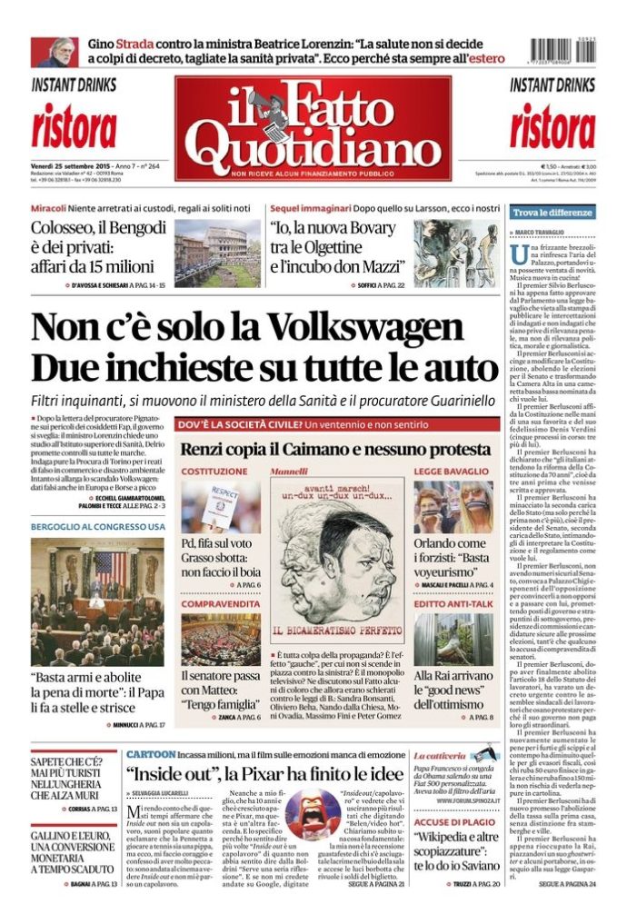 Copertina di venerdì 25 settembre 2015