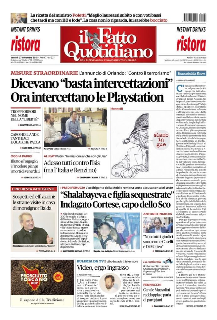 Copertina di venerdì 27 novembre 2015