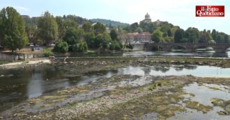 Copertina di Siccità e guasto a una diga, a Torino “il grande fiume” non esiste più: il Po ridotto a un piccolo rivolo coperto da alghe