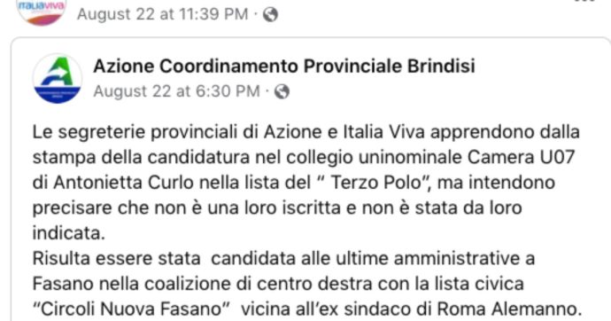 La candidata pugliese di Azione-Italia Viva che nessuno dei partiti conosce: “Né iscritta né indicata. Era in una civica vicina ad Alemanno”