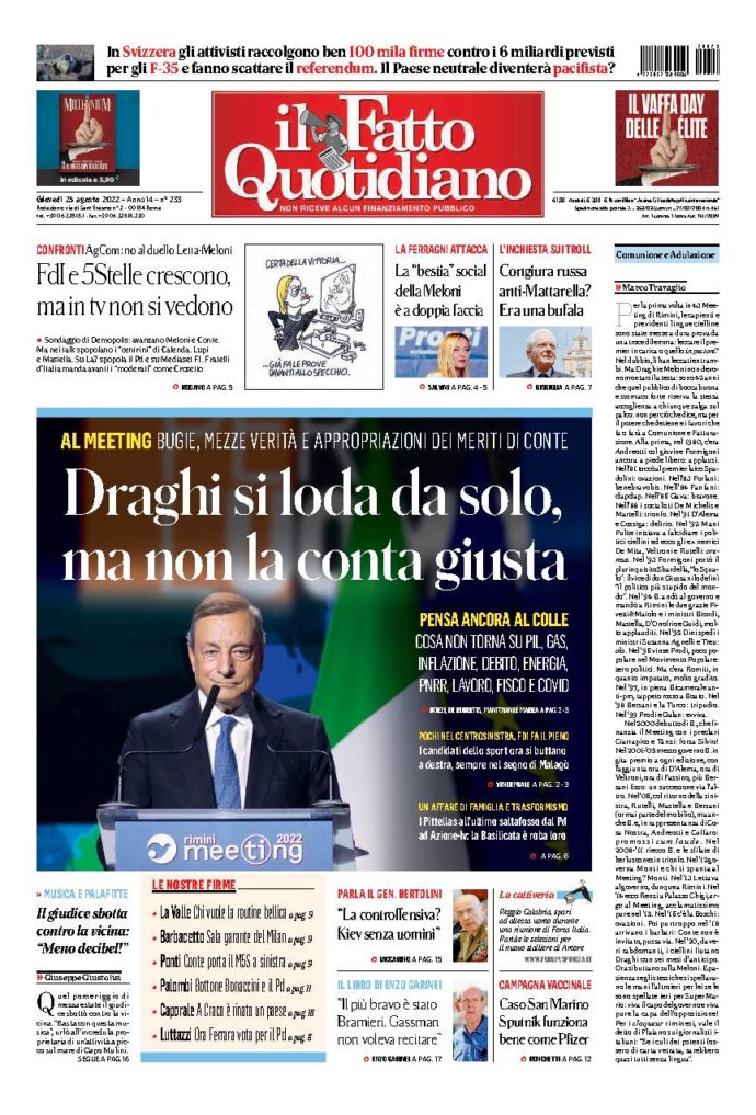 Copertina di giovedì 25 Agosto 2022