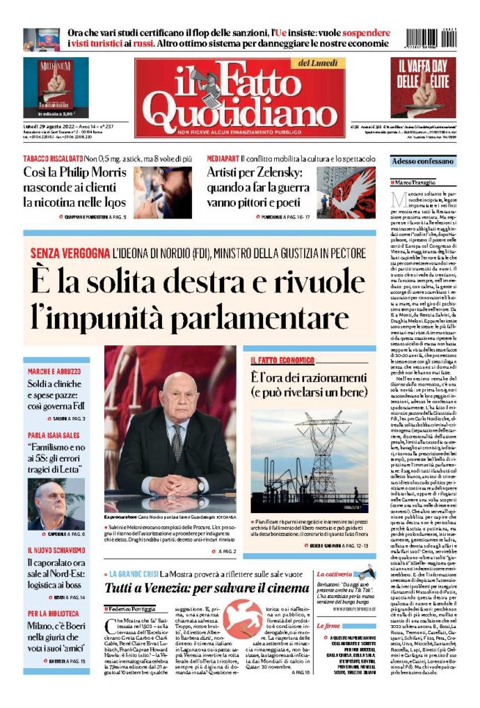 Copertina di lunedì 29 Agosto 2022