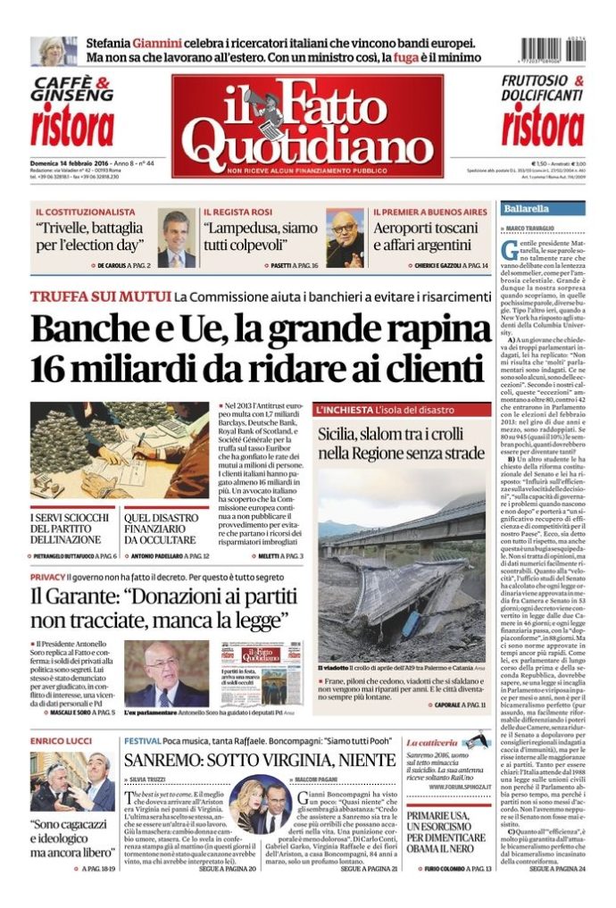 Copertina di domenica 14 febbraio 2016