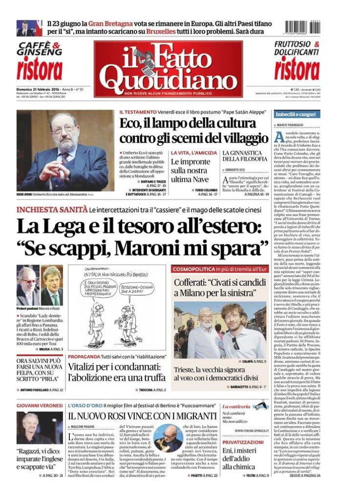 Copertina di domenica 21 febbraio 2016