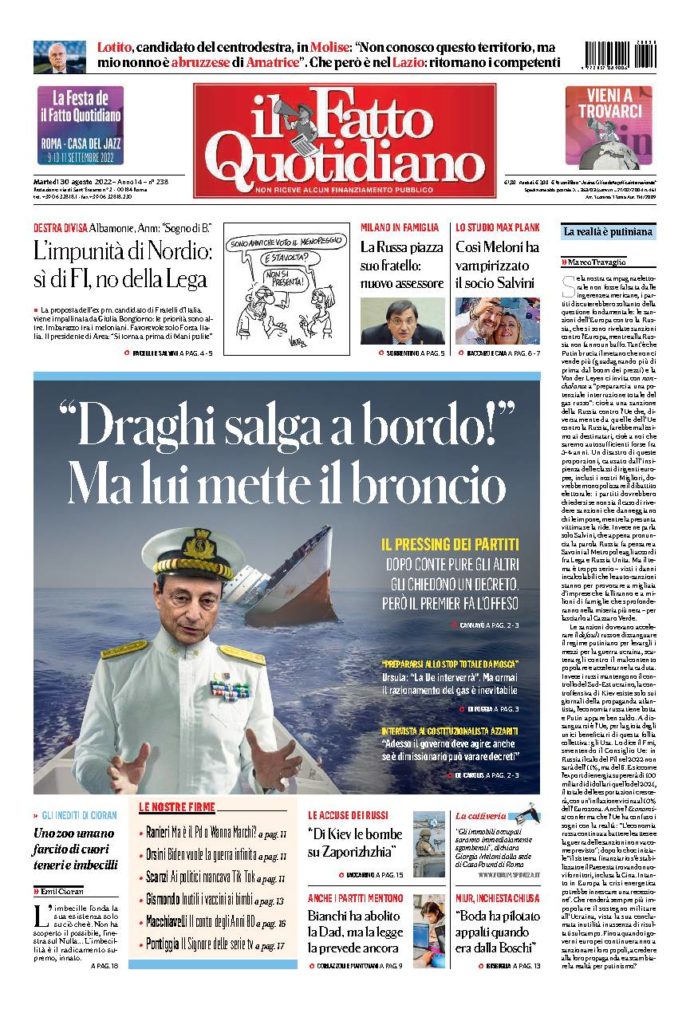 Copertina di martedì 30 Agosto 2022