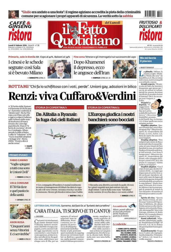 Copertina di lunedì 8 febbraio 2016