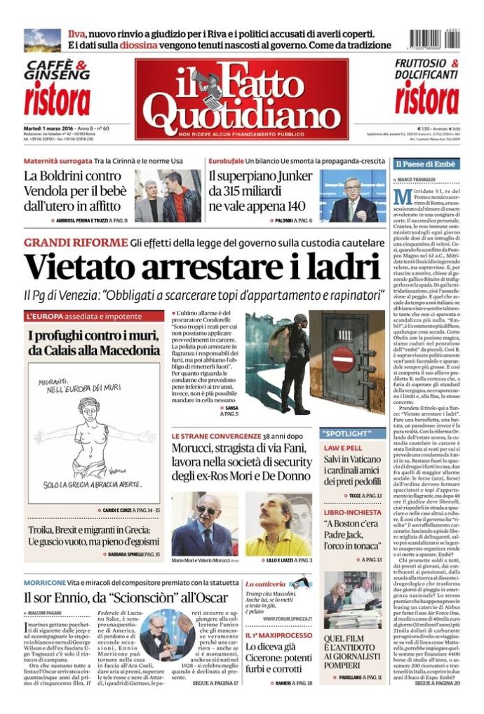 Copertina di martedì 1 marzo 2016