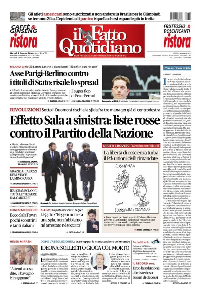 Copertina di martedì 9 febbraio 2016