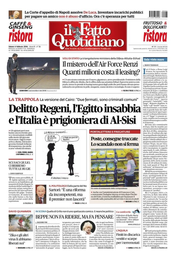 Copertina di sabato 6 febbraio 2016