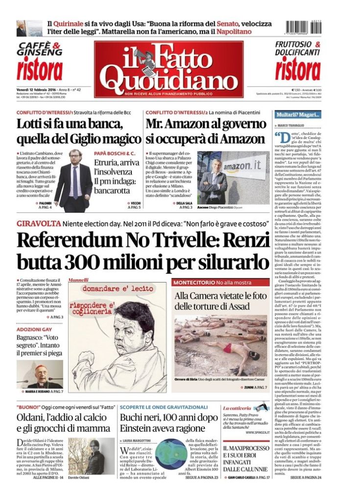 Copertina di venerdì 12 febbraio 2016