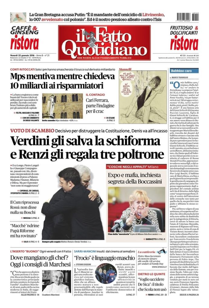 Copertina di venerdì 22 gennaio 2016