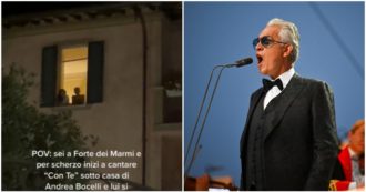 Copertina di Fan vanno sotto casa di Andrea Bocelli e gli cantano una serenata: la reazione del cantante al balcone è virale – VIDEO