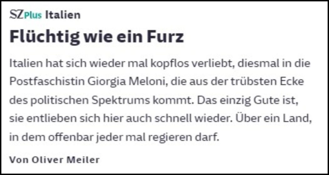 “L’amore degli italiani per Meloni? Fugace come una scoreggia”: è un caso il titolo-scommessa del giornale Sueddeutsche Zeitung