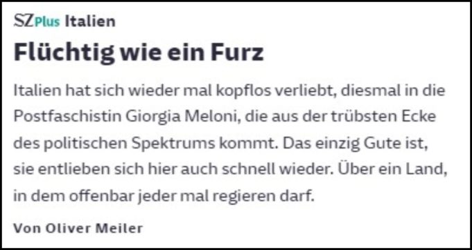 “L’amore degli italiani per Meloni? Fugace come una scoreggia”: è un caso il titolo-scommessa del giornale Sueddeutsche Zeitung