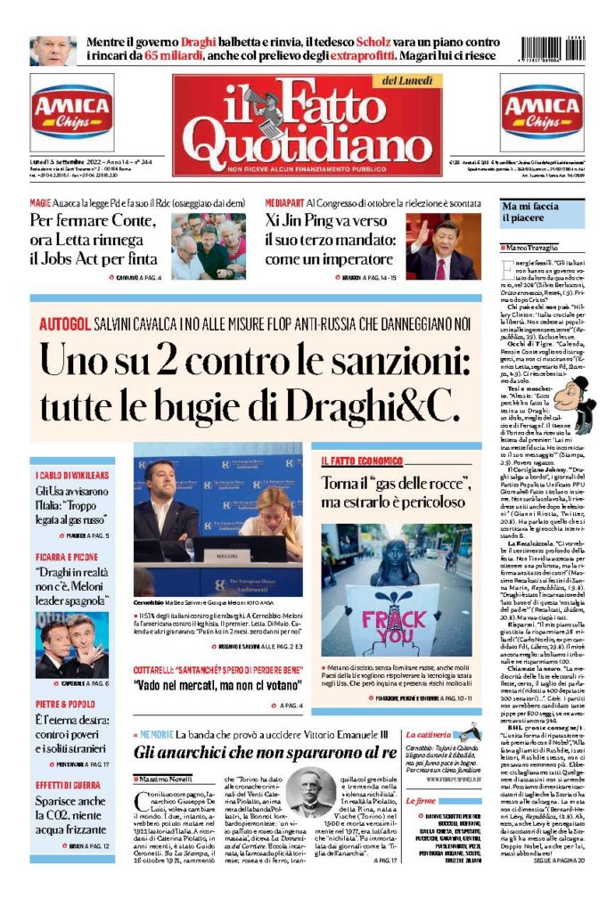 Copertina di lunedì 5 Settembre 2022