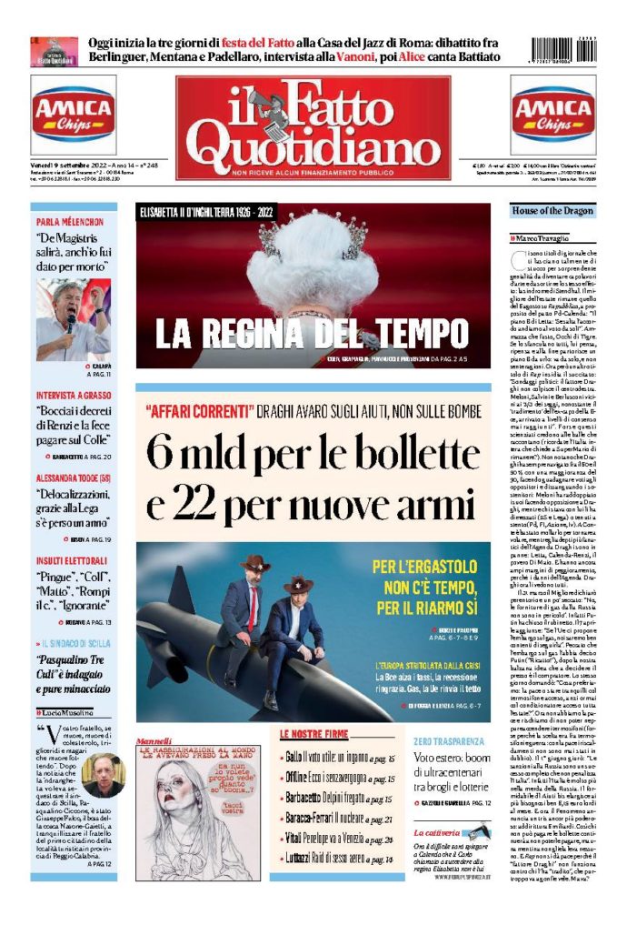 Copertina di venerdì 9 Settembre 2022