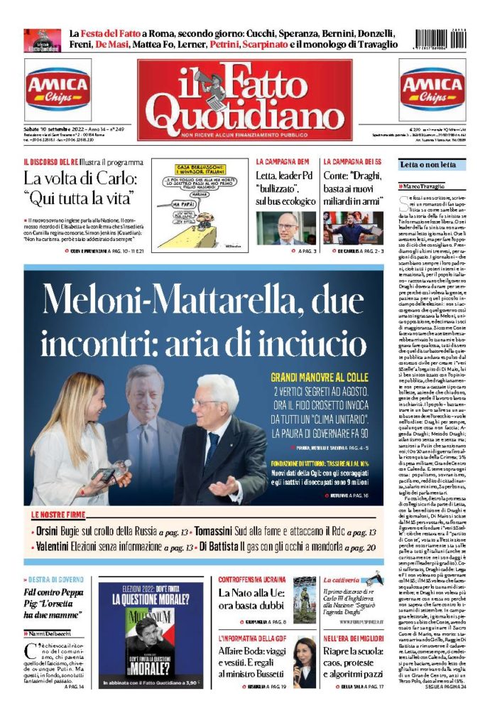Copertina de Il Fatto Quotidiano di Sab 10 Settembre 2022