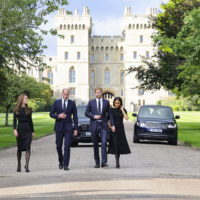 From left, Britain’s Kate, Princess of Wales, Prince William, Prince of Wales, Prince Harry, and Meghan, Duchess of Sussex walk to meet members of the public, at Windsor Castle, following the death of Queen Elizabeth II on Thursday, in Windsor, England, Saturday, Sept. 10, 2022. (Chris Jackson/Pool Photo via AP)