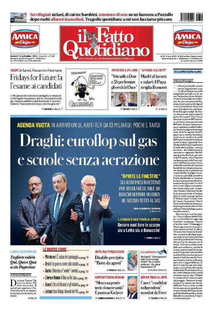 Copertina di martedì 13 Settembre 2022