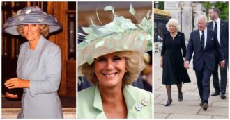 Copertina di Camilla, la metamorfosi nei look: da inelegante e agghindata con i cappellini alla “cappellaio matto”, alla prima impeccabile uscita da Regina consorte