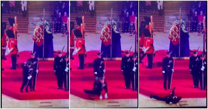 Guardia reale sviene e collassa a terra davanti alla bara della regina Elisabetta: ecco cosa è successo alla camera ardente – VIDEO