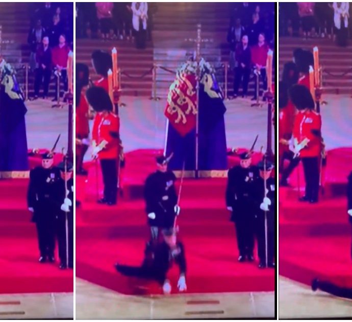 Guardia reale sviene e collassa a terra davanti alla bara della regina Elisabetta: ecco cosa è successo alla camera ardente – VIDEO