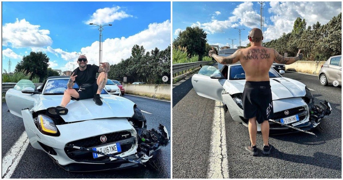 1727 Wrldstar, il rapper “Fratellì” si schianta di nuovo con la sua auto: “Abbiamo tolto i controlli e ci siamo divertiti, una favolosa Jaguar distrutta in pochi istanti”