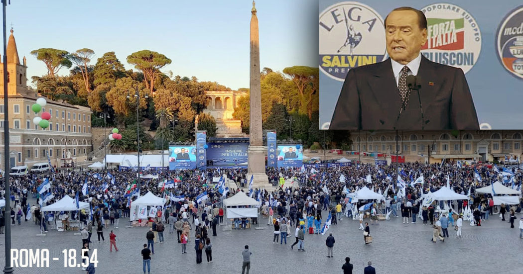 Elezioni, il centrodestra non riempie piazza del Popolo. Berlusconi, Salvini e Meloni dopo i battibecchi: “Impegno a governare insieme”