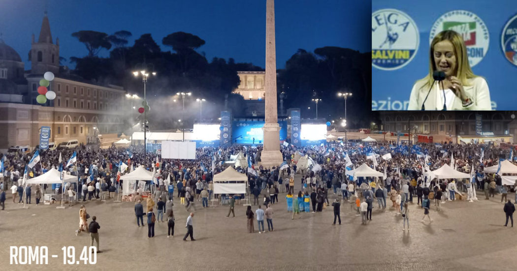 Elezioni, il centrodestra non riempie piazza del Popolo. Berlusconi, Salvini e Meloni dopo i battibecchi: “Impegno a governare insieme”