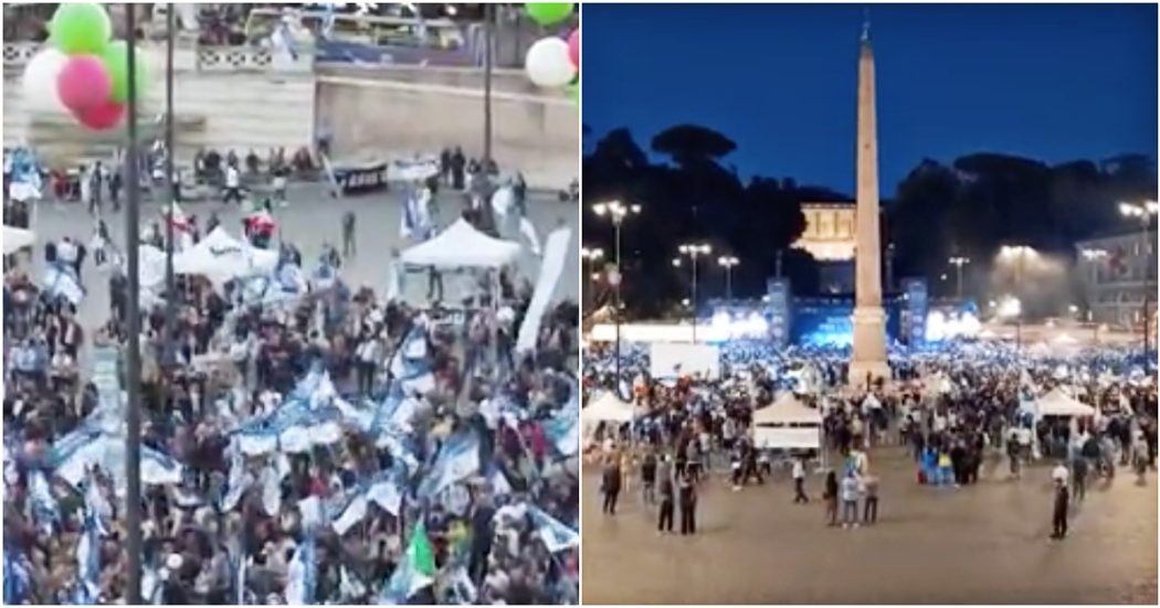 Elezioni, il centrodestra chiude la campagna elettorale con i big Meloni, Salvini e Berlusconi ma la piazza è piena a metà. I video dall’alto