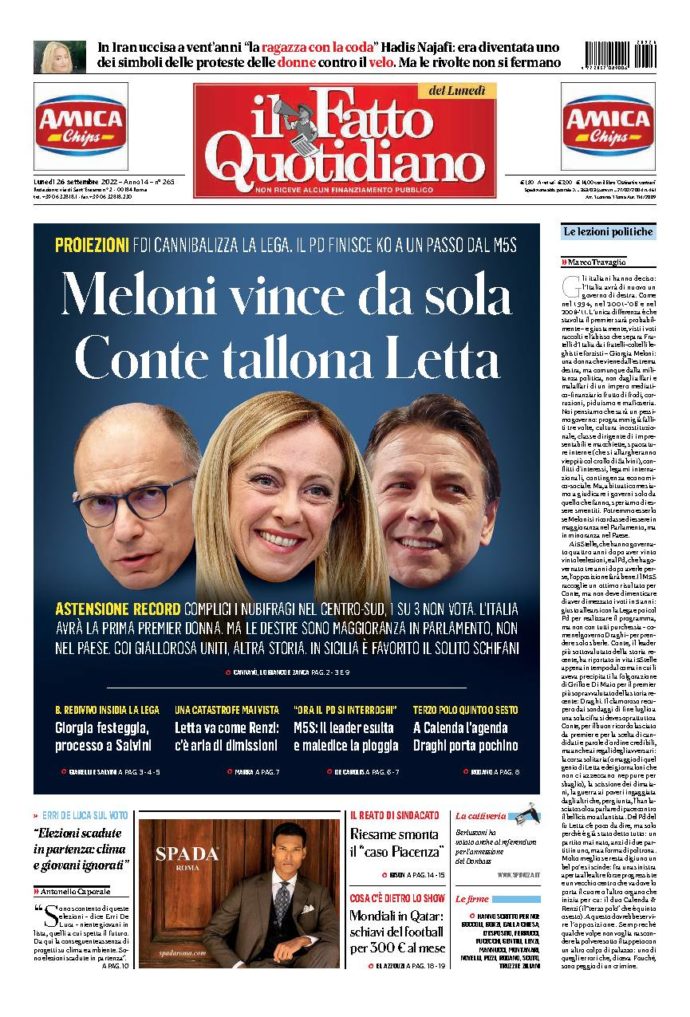 Copertina di lunedì 26 Settembre 2022