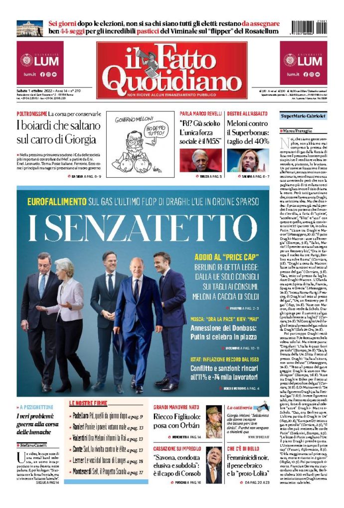 Copertina di sabato 1 Ottobre 2022