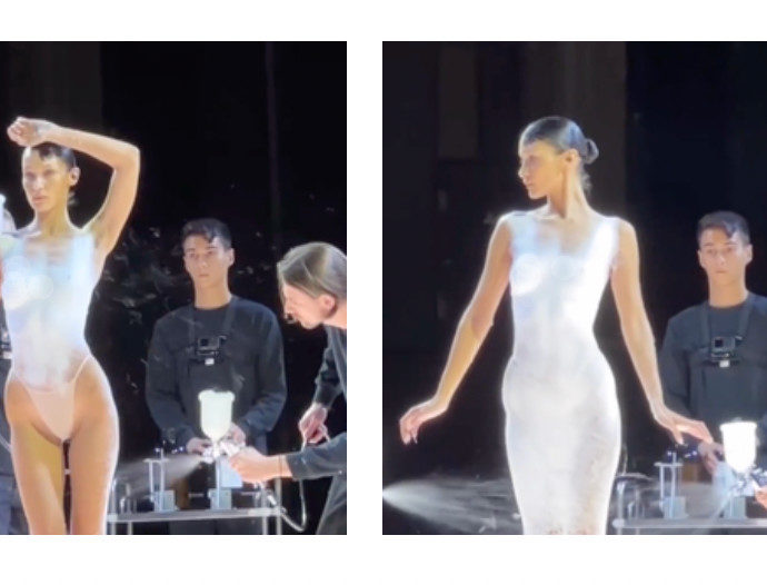 Bella Hadid e l’abito spruzzato addosso in pochi minuti. La modella arriva in mutande, poi ‘la magia’: il video